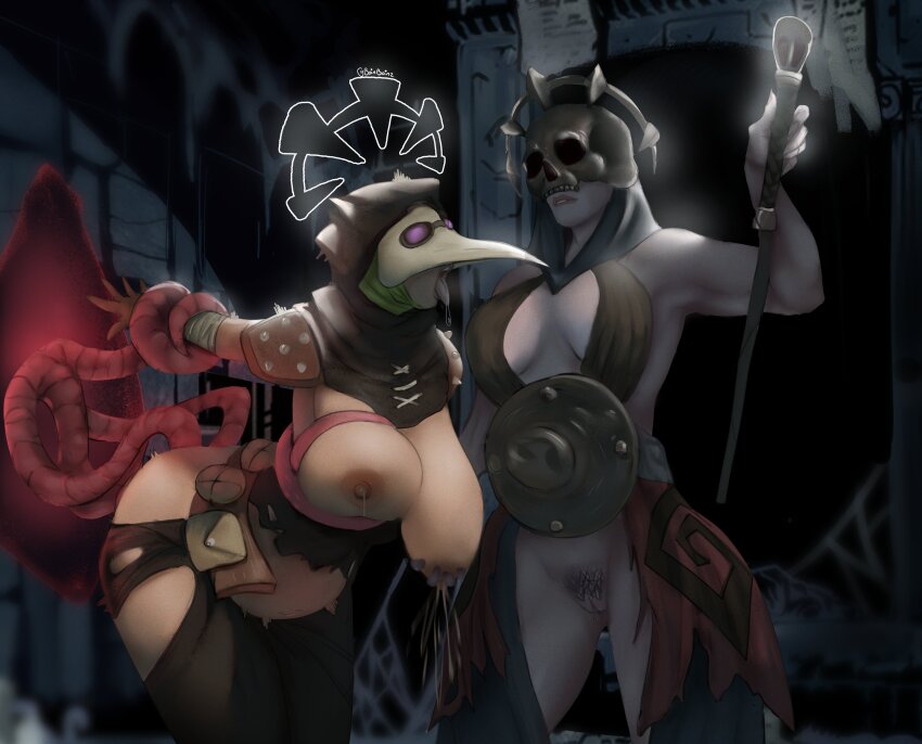 2girls absurdres affliction_(darkest_dungeon) armor arms_behind_back belt boinboinz bound breasts dark_portal darkest_dungeon dungeon grabbing_another&#039;s_breast groping half_mask highres lactation mask multiple_girls nipples open_mouth plague_doctor_(darkest_dungeon) plague_doctor_mask pussy rape restrained shoulder_armor skull_mask staff stomach_bulge tentacle_grab tentacle_sex tentacles tongue tongue_out torn_clothes