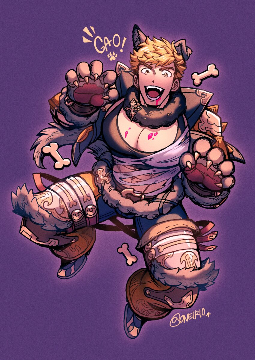 1boy absurdres animal_hands bara black_pants black_tank_top boots evil_smile fur-trimmed_collar fur_trim gloves granblue_fantasy highres large_pectorals male_focus muscular muscular_male official_alternate_costume oneirio open_mouth pants paw_gloves paw_pose pectorals shirt smile solo tank_top torn_clothes twitter_username vane_(granblue_fantasy) vane_(halloween)_(granblue_fantasy) white_shirt