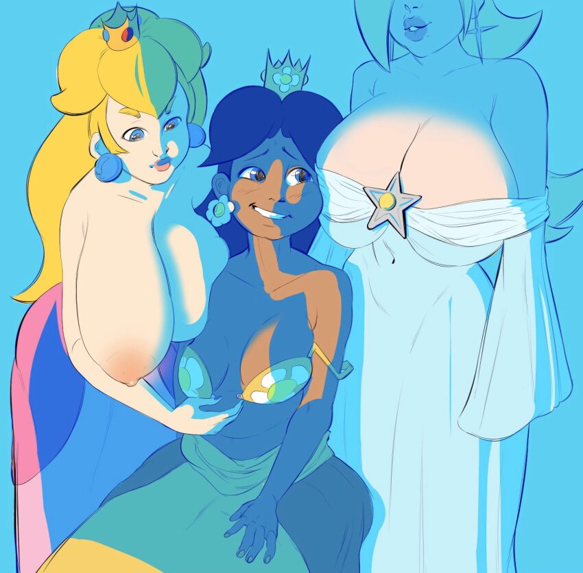 3girls blonde_hair blue_eyes breasts brown_hair crown dark-skinned_female dark_skin dress earrings huge_breasts jewelry mario_(series) multiple_girls nintendo princess_daisy princess_peach rosalina topless