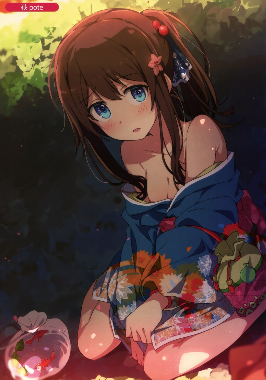 1girl absurdres baggy_pants blue_kimono blurry blush breasts brown_hair cleavage collarbone day depth_of_field floral_print hair_ornament highres japanese_clothes kimono kimono_pull kinchaku long_hair looking_at_viewer medium_breasts melonbooks ogipote open_mouth original outdoors pants ponytail pouch sidelocks sitting solo wariza yukata