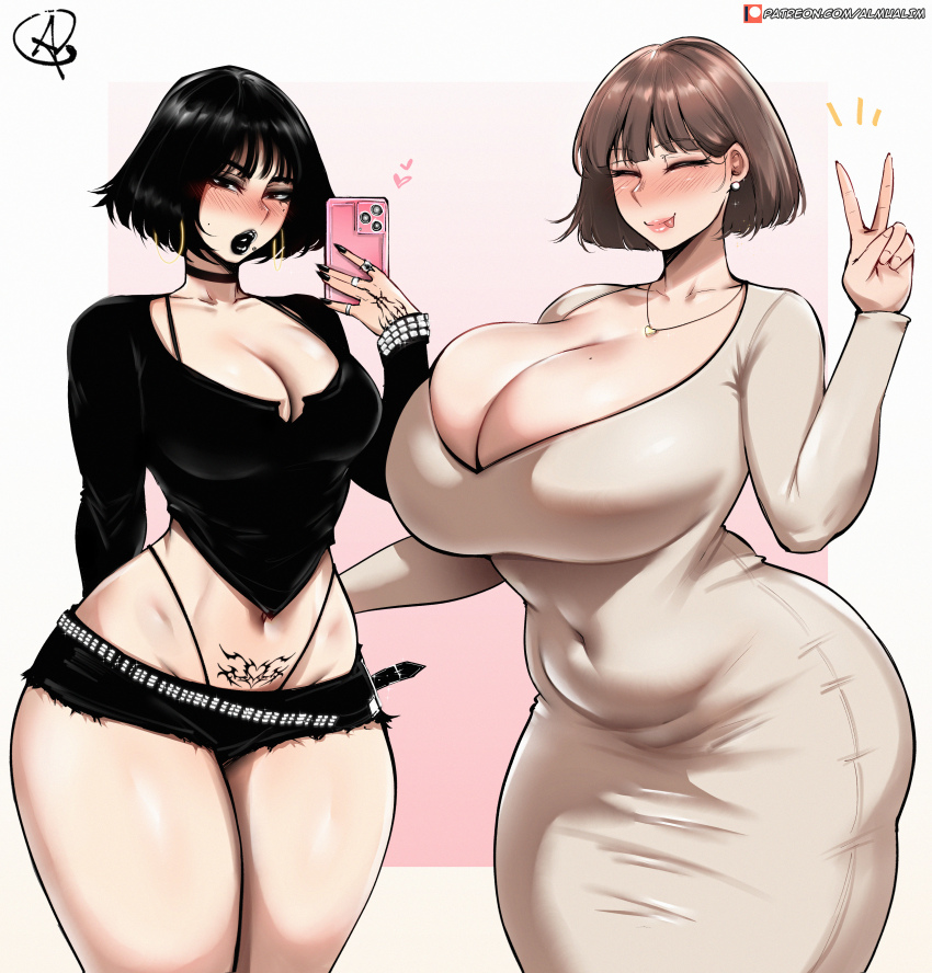 2girls absurdres almualim black_hair breasts brown_hair dress highres huge_breasts impossible_clothes impossible_dress kim_sohee_(almualim) large_breasts makeup mature_female mother_and_daughter multiple_girls original patreon_username plump short_hair skin_tight tattoo taut_clothes taut_dress thick_thighs thighs thong tight_clothes tight_dress v watermark web_address whale_tail_(clothing) yuna_(almualim)