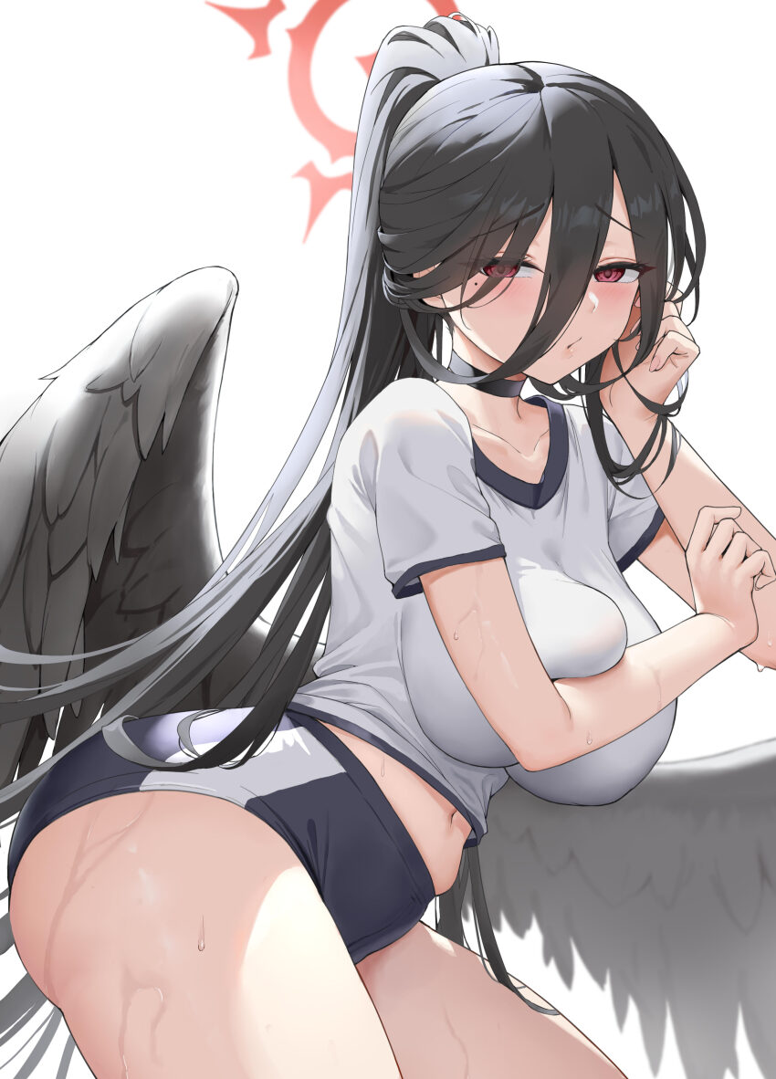 1girl absurdres black_choker black_hair black_wings blue_archive breast_press breasts choker collarbone commentary_request gym_uniform halo hasumi_(blue_archive) hasumi_(track)_(blue_archive) highres hongye_feixue large_breasts long_hair looking_at_viewer mole mole_under_eye navel official_alternate_costume red_eyes red_halo simple_background solo sweat thighs white_background wings