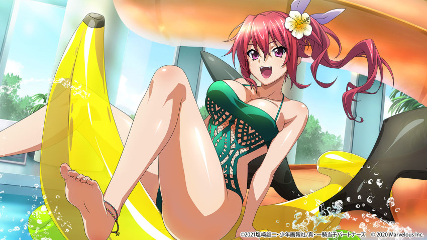 1girl :d anklet bare_arms bare_legs breasts casual_one-piece_swimsuit character_request cleavage collarbone floating_hair flower green_one-piece_swimsuit green_swimsuit hair_between_eyes hair_flower hair_ornament halterneck highres ikkitousen indoors inflatable_toy jewelry large_breasts long_hair official_art one-piece_swimsuit open_mouth pool red_eyes red_hair shiny_skin side_ponytail smile solo swimsuit white_flower