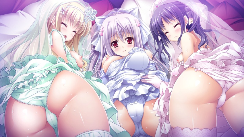 3-nin_iru! 3girls bell blonde_hair blush breasts cleavage dress closed_eyes game_cg headband kuga_valencia_reiri long_hair mibuno_suzume multiple_girls nakase_nagisa nipples open_mouth purple_hair red_eyes short_hair smile suzui_narumi wedding_dress