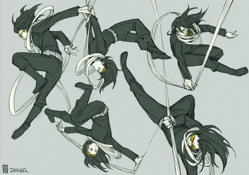 1boy backflip bandages belt black_footwear black_hair black_pants black_sweater boku_no_hero_academia boots chup_her0 aizawa_shota goggles grey_background grey_belt hair_between_eyes highres jumping knee_boots leg_up long_hair looking_at_viewer male_focus multiple_views pants simple_background sweater upside-down