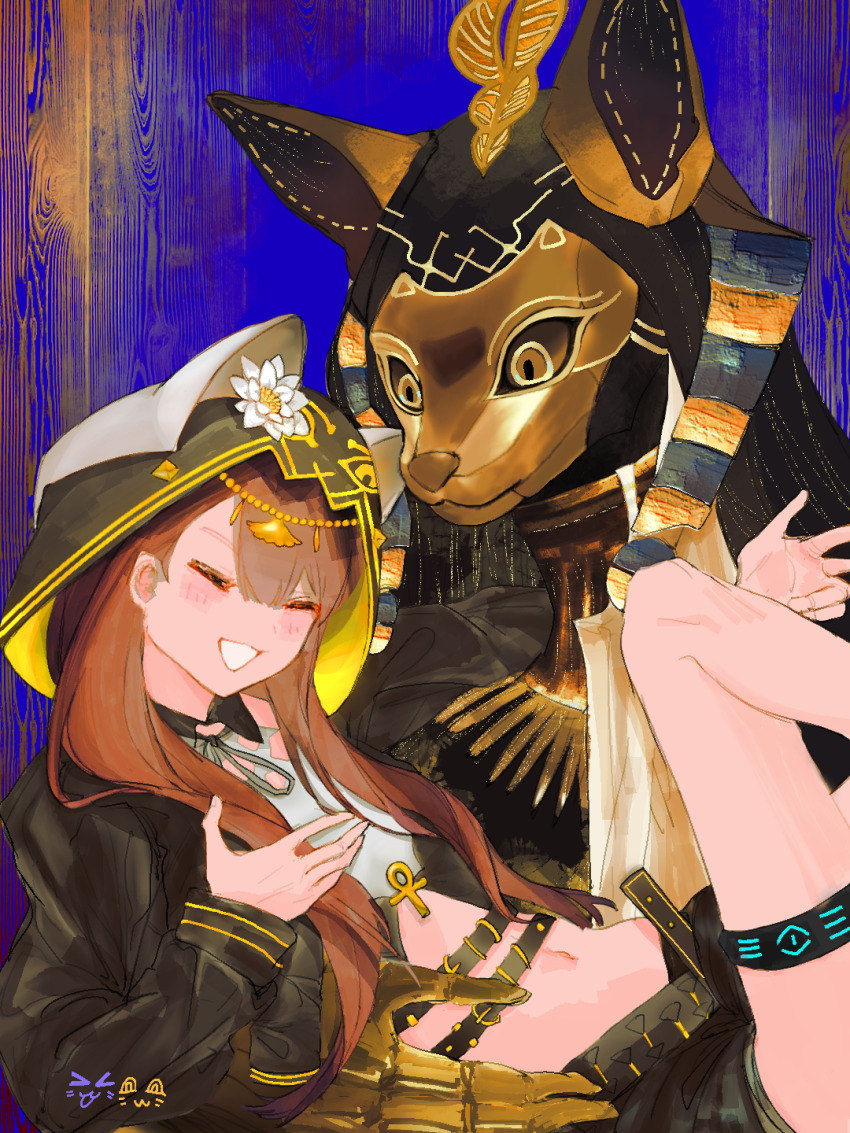 1boy 1girl ancient_egyptian_clothes arknights blush carrying cat_boy cat_girl flower highres hongqisongzhengdao hood hoodie looking_at_another midriff pepe_(arknights) princess_carry usekh_collar zubayr_(arknights)