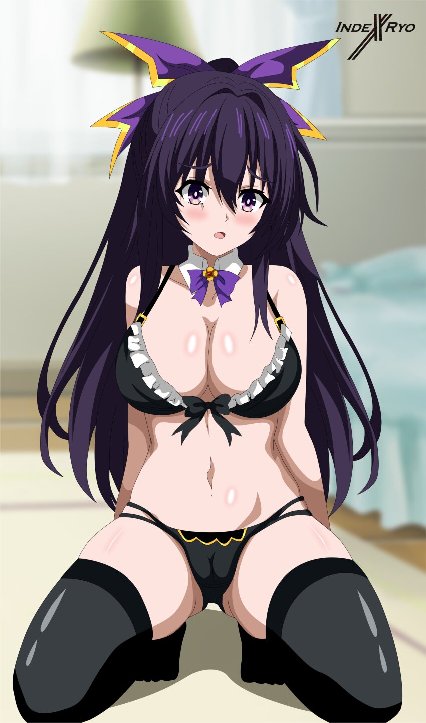 1girl absurdres bikini blush breasts date_a_live hair_ornament highres indexryo large_breasts long_hair maid maid_bikini purple_eyes purple_hair swimsuit unconventional_maid yatogami_tohka