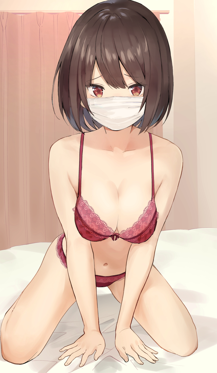 1girl bed bra breasts breasts_squeezed_together brown_hair cleavage curtains highres indoors kneeling lace lace-trimmed_bra lace-trimmed_panties lace_trim looking_at_viewer masco mask medium_breasts mouth_mask on_bed original panties red_bra red_eyes red_panties short_hair sitting solo surgical_mask thighs underwear underwear_only