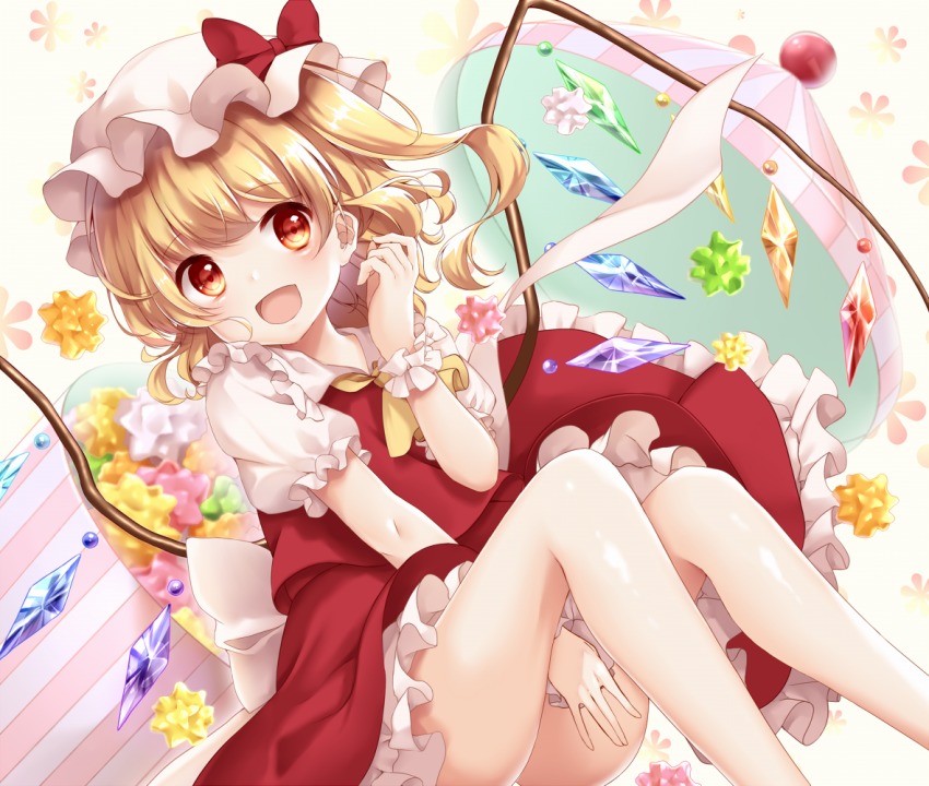 1girl :d arm_up ascot bare_legs between_legs blonde_hair bow candy container cropped_legs crystal feet_out_of_frame female_focus flandre_scarlet food hair_blowing hand_between_legs hat hat_bow knees_up konpeitou looking_at_viewer mob_cap mumu-crown open_mouth petticoat puffy_short_sleeves puffy_sleeves red_eyes red_skirt red_vest shiny_skin shirt short_hair short_sleeves side_ponytail sitting skirt skirt_set smile solo swept_bangs touhou vest white_background white_shirt wings wrist_cuffs yellow_ascot