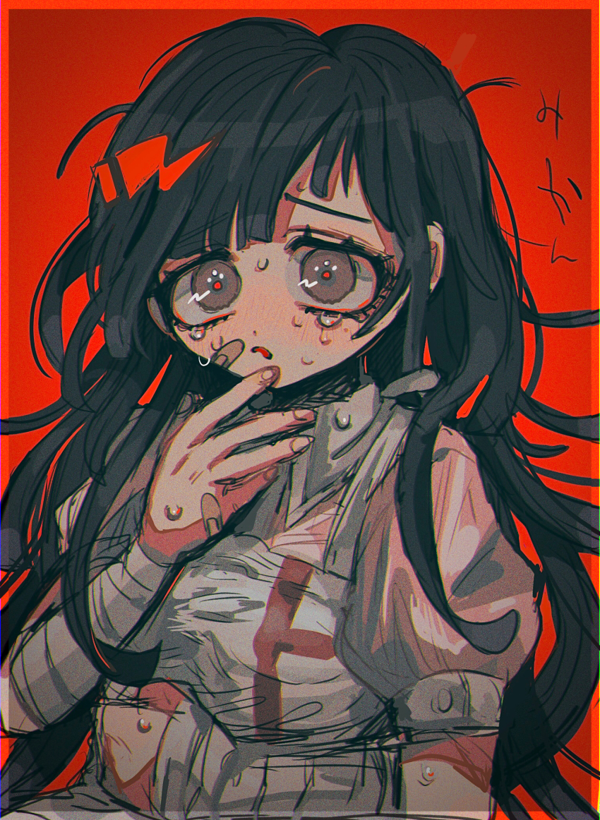 1girl apron bad_id bad_pixiv_id bandaged_arm bandages bandaid bandaid_on_face blush border breasts crying crying_with_eyes_open danganronpa_(series) danganronpa_2:_goodbye_despair hand_up highres kara_aren large_breasts long_hair messy_hair mole mole_under_eye nurse open_mouth pink_shirt puffy_short_sleeves puffy_sleeves purple_eyes purple_hair red_background red_border shirt short_sleeves sketch skirt solo tears tsumiki_mikan