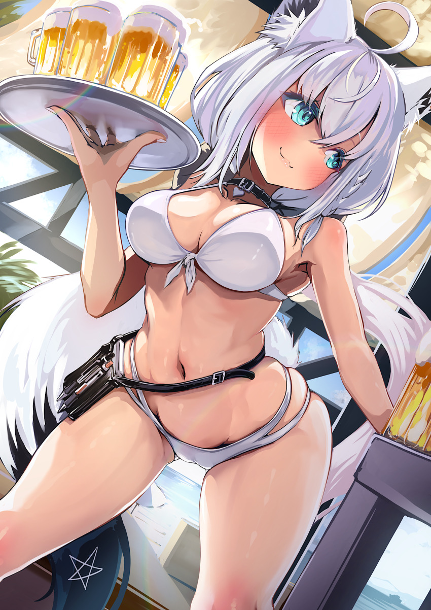 1girl alcohol animal_ears aqua_eyes beer beer_mug belt bent_over bikini black_belt black_choker blush breasts breasts_out cameltoe choker closed_mouth commentary_request cup fox_ears fox_girl fox_tail front-tie_bikini_top front-tie_top highres holding holding_tray hololive kajimakoto looking_to_the_side medium_breasts mug multi-strapped_bikini_bottom navel pentagram shirakami_fubuki smile solo swimsuit tail tray virtual_youtuber white_bikini white_hair