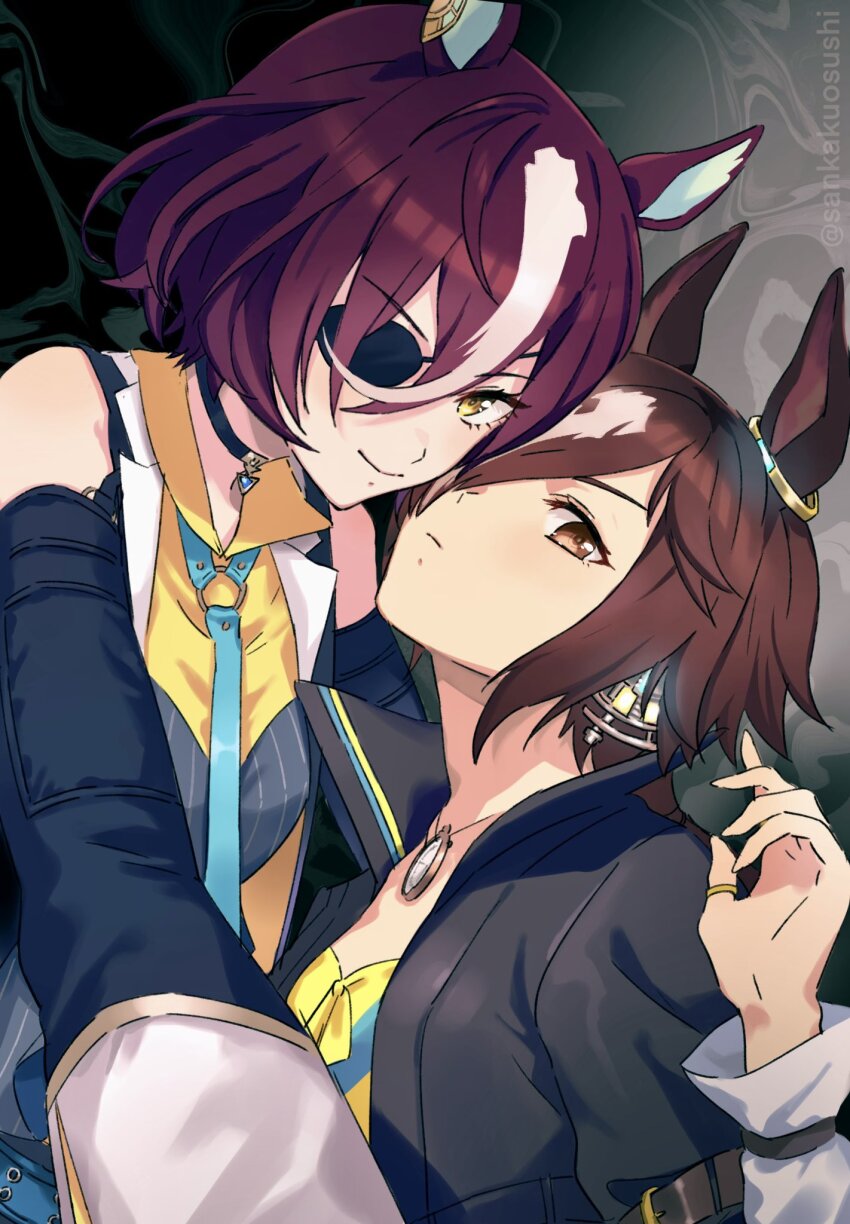 2girls animal_ears belt black_jacket breasts brown_eyes brown_hair choker closed_mouth detached_sleeves expressionless eyepatch hair_over_one_eye highres horse_ears jacket jewelry long_hair long_sleeves looking_at_viewer multicolored_hair multiple_girls necklace outstretched_arm pocket_watch purple_hair qing_(sankakuosushi) ring shirt short_hair small_breasts smile streaked_hair tanino_gimlet_(umamusume) twitter_username umamusume upper_body vodka_(umamusume) watch watermark yellow_eyes yellow_shirt