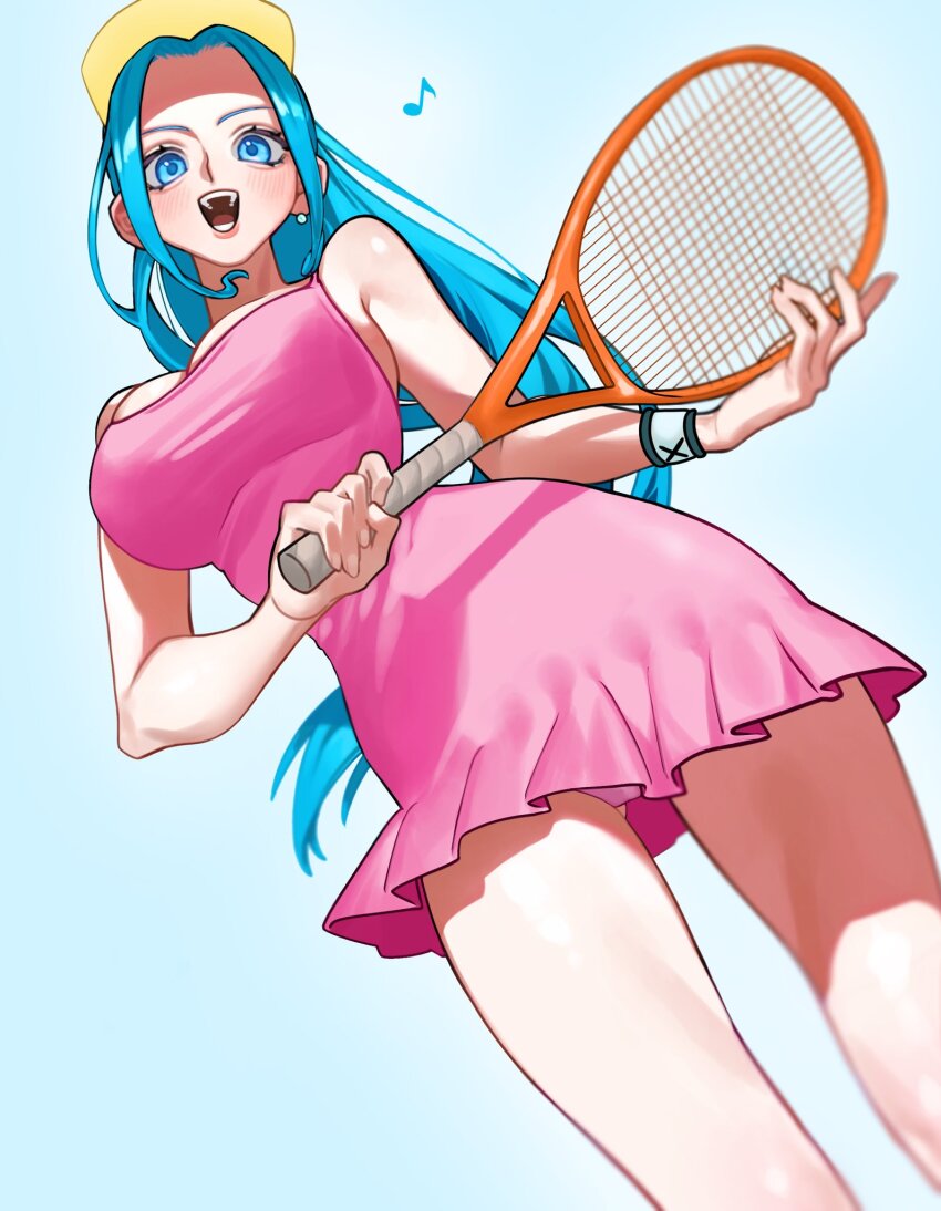 1girl blue_hair highres long_hair looking_at_viewer nefertari_vivi one_piece panties racket siokosho_kinoko smile solo sportswear tennis_dress tennis_racket tennis_uniform underwear