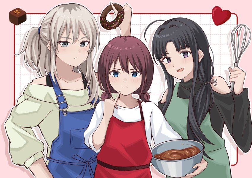 3girls ahoge apron awa_subaru black_hair black_sweater blue_eyes blue_ribbon bowl brown_hair chocolate chocolate_making clothing_cutout donut food girls_band_cry green_sweater grey_eyes grey_hair hair_ribbon heart highres holding holding_bowl holding_donut holding_food holding_utensil holding_whisk iseri_nina kawaragi_momoka long_hair low_twintails mixing_bowl multicolored_hair multiple_girls off-shoulder_sweater off_shoulder open_mouth overalls parted_bangs pinky_out ponytail ribbon roots_(hair) rrtp shirt short_twintails shoulder_cutout sidelocks sweater twintails whisk white_ribbon white_shirt