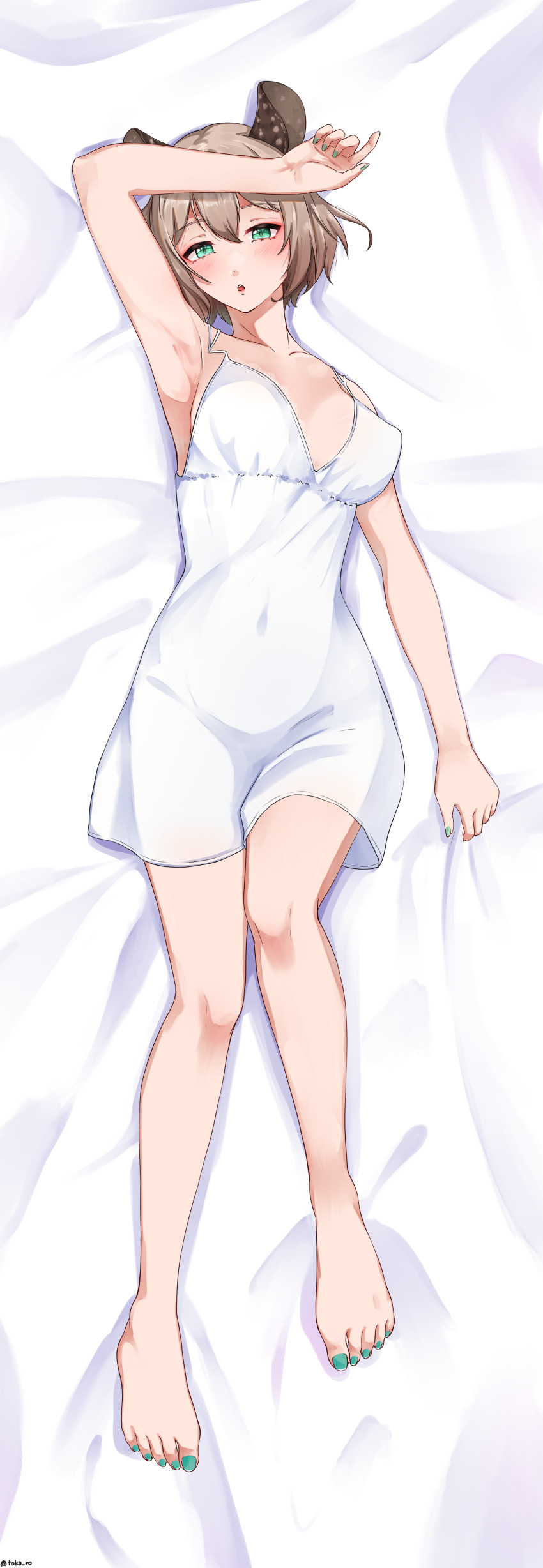 1girl absurdres animal_ears arm_up armpits breasts brown_hair dakimakura_(medium) full_body green_eyes green_nails highres incredibly_absurdres indie_virtual_youtuber large_breasts lying nail_polish nimi_nightmare on_back open_mouth solo takoroki tapir_ears tapir_girl toenail_polish toenails virtual_youtuber white_chemise