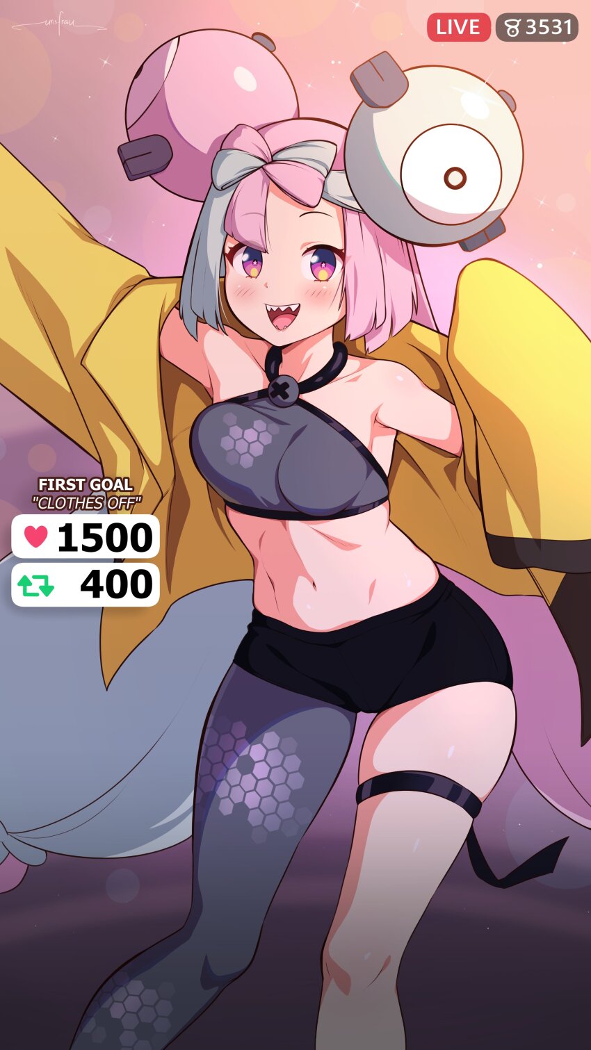 1girl :d absurdres bare_shoulders black_shorts blue_hair bow-shaped_hair breasts creatures_(company) crop_top game_freak highres iono_(pokemon) jacket jewelry long_hair medium_breasts multicolored_hair nintendo open_mouth pink_hair pokemon pokemon_sv sharp_teeth shorts smile solo standing teeth thighlet two-tone_hair unsfrau very_long_hair yellow_jacket