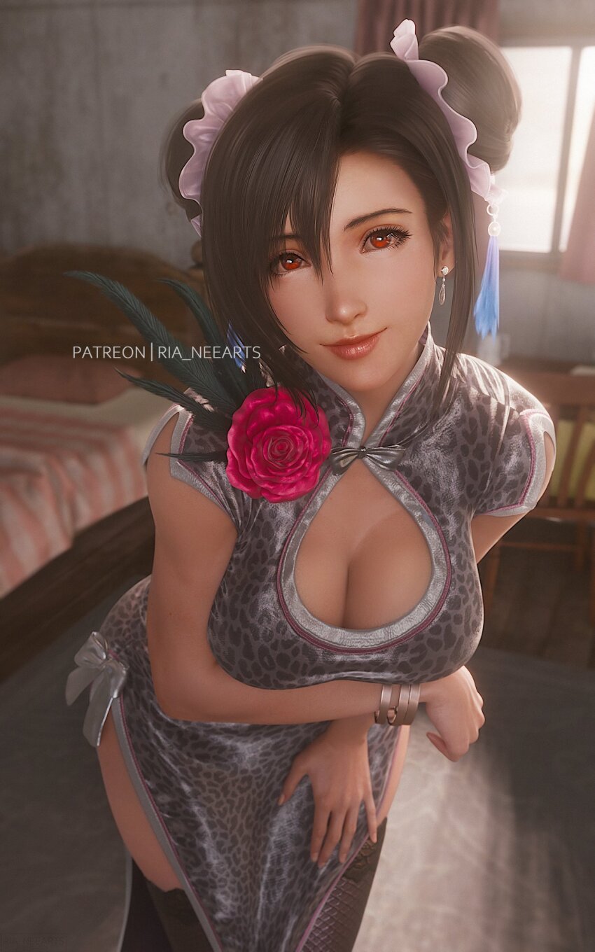 1girl 3d animal_print arm_under_breasts bed black_hair black_thighhighs blurry blurry_background bracelet breasts china_dress chinese_clothes cleavage cleavage_cutout closed_mouth clothing_cutout commentary cowboy_shot double_bun dress earrings final_fantasy final_fantasy_vii final_fantasy_vii_remake flower grey_dress hair_between_eyes hair_bun hair_ornament highres indoors jewelry large_breasts leaning_forward leopard_print lips long_hair looking_at_viewer official_alternate_costume official_alternate_hairstyle patreon_username pelvic_curtain print_dress red_eyes red_flower red_lips ria_(baka-neearts) single_earring smile solo thighhighs tifa_lockhart tifa_lockhart_(sporty_dress) window