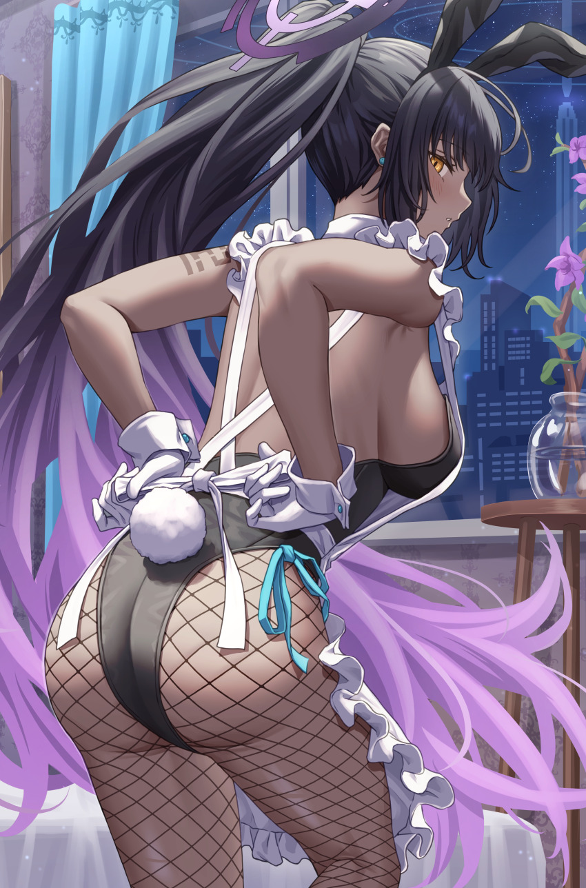 1girl absurdres black_hair blue_archive breasts building cowboy_shot curtains dark-skinned_female dark_skin fishnet_pantyhose fishnets highres karin_(blue_archive) karin_(bunny)_(blue_archive) large_breasts looking_at_viewer night night_sky pantyhose rabbit_tail simoumi_217 sky solo thigh_gap yellow_eyes