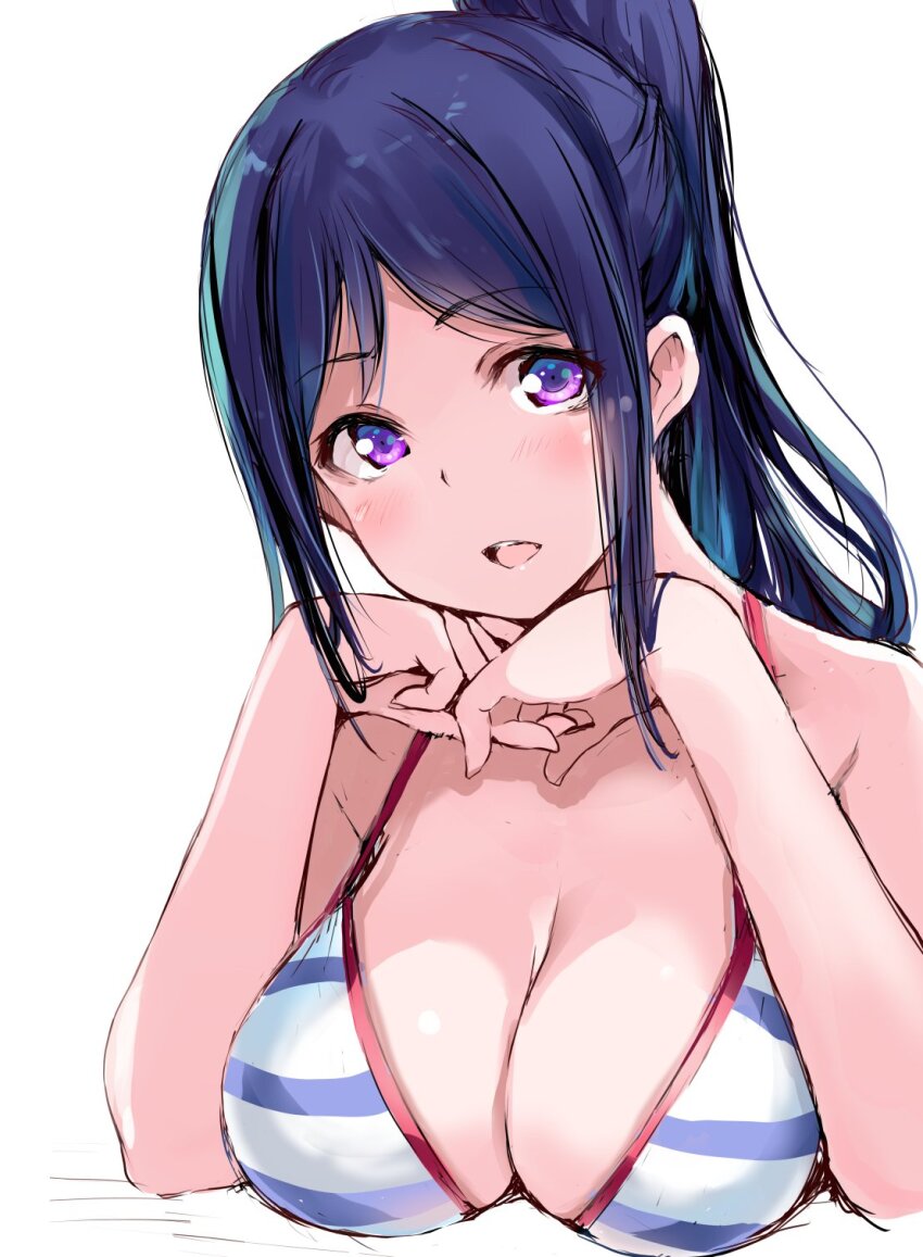 1girl bikini blush breasts cleavage commentary_request gengoroh hands_up head_tilt highres large_breasts long_hair looking_at_viewer love_live! love_live!_sunshine!! matsuura_kanan open_mouth ponytail purple_eyes purple_hair sidelocks solo striped_bikini striped_clothes swimsuit upper_body white_background