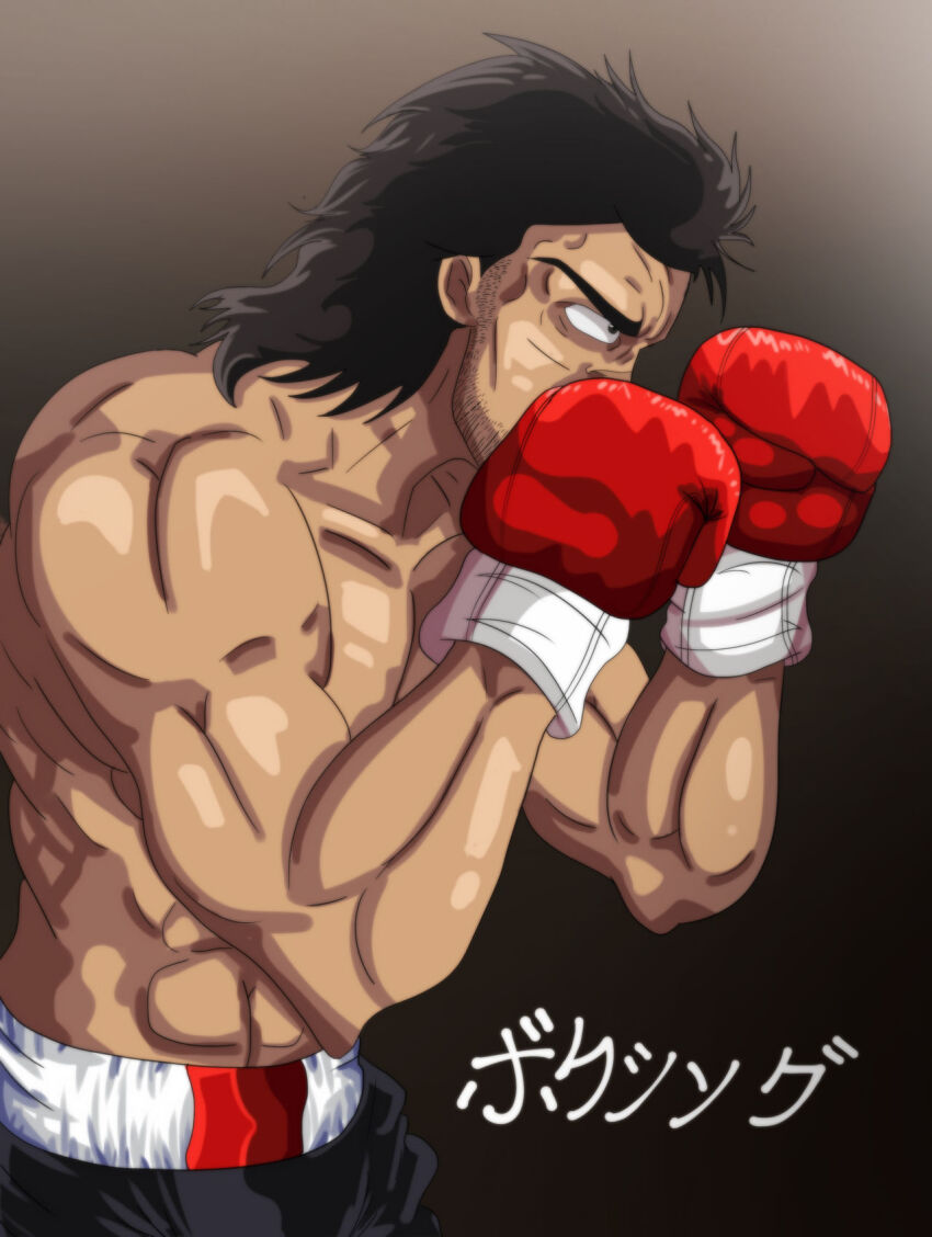 black_background black_eyes black_hair boxing boxing_gloves boxing_ring collarbone date_eiji full_body hajime_no_ippo highres japanese_text looking_to_the_side male_focus official_art short_hair