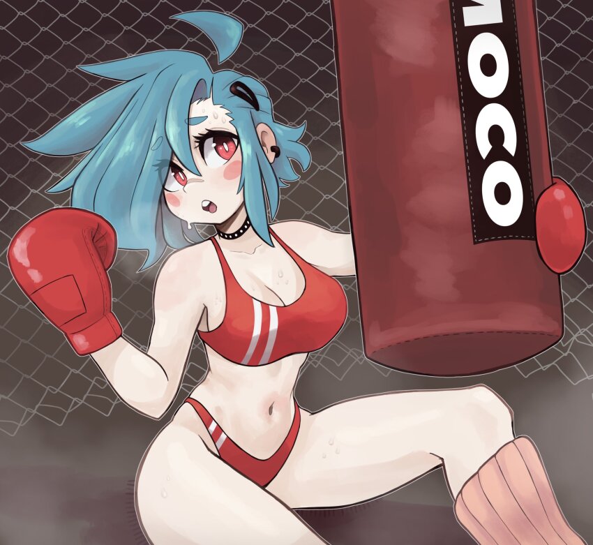 1girl ahoge aqua_hair black_choker blush_stickers boxing_gloves breasts bright_pupils choker cleavage denver_(troolou) detached_ahoge earrings gloves hair_ornament hairclip highres jewelry large_breasts looking_at_viewer navel open_mouth original panties punching_bag red_eyes red_gloves red_panties red_sports_bra solo sports_bra sweat teeth troolou underwear upper_teeth_only white_pupils workout_clothes