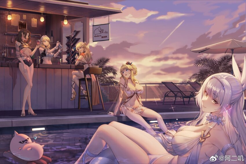 5girls aer_(tengqiu) bare_shoulders bikini black_hair blonde_hair blue_eyes bottle breasts cleavage cocktail_glass crossed_legs cup drinking_glass galo_(warship_girls_r) hair_ornament high_heels highres invincible_(warship_girls_r) large_breasts long_hair looking_at_viewer multiple_girls navel one-piece_swimsuit open_mouth outdoors pool renown_(warship_girls_r) sandals sitting sky smile st_george_(warship_girls_r) standing sunset swimsuit thighhighs umbrella warship_girls_r water weibo_logo weibo_watermark white_bikini white_hair yellow_eyes