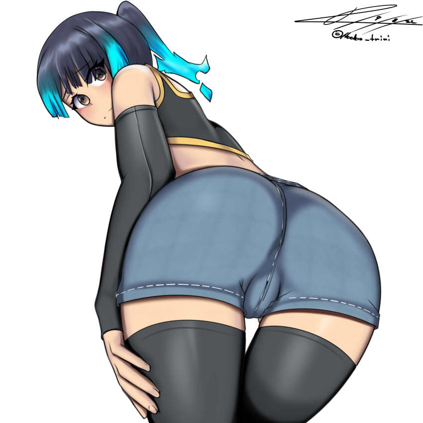 1girl absurdres aqua_hair arm_warmers ass ass_focus bare_shoulders blue_hair blush brown_eyes cameltoe denim denim_shorts from_behind gradient_hair highres huge_ass leaning leaning_forward long_hair looking_at_viewer looking_back multicolored_hair sena_(xenoblade) shiny_clothes shiny_skin short_shorts shorts solo t-mimi thighhighs xenoblade_chronicles_(series) xenoblade_chronicles_3