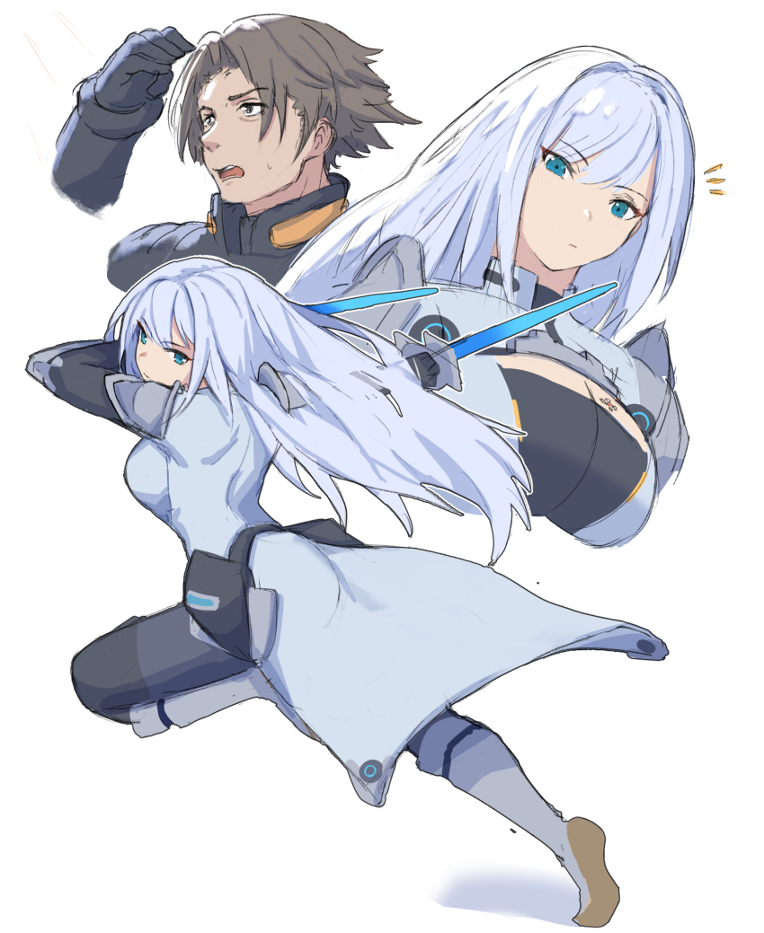 1boy 1girl blue_eyes bolearis_(xenoblade) boots breasts coat ethel_(xenoblade) grey_hair highres holding holding_sword holding_weapon large_breasts long_hair medaman notice_lines open_mouth short_hair simple_background sweat sword weapon white_background white_coat white_hair xenoblade_chronicles_(series) xenoblade_chronicles_3