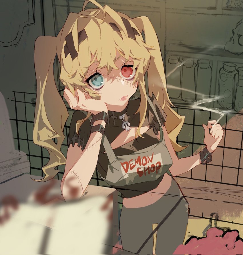 1girl black_shirt blonde_hair blue_eyes cigarette crop_top heterochromia highres holding holding_cigarette long_hair looking_at_viewer original red_eyes scar scar_on_face shirt short_sleeves sketch smoking solo soono_(rlagpfl) tongue tongue_out twintails