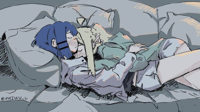 2girls absurdres ahoge blonde_hair blue_hair bocchi_the_rock! closed_eyes closed_mouth commentary couch cuddling cushion dolphin_shorts green_hoodie grey_shorts highres hood hoodie ijichi_nijika long_hair long_sleeves mriwu_u multiple_girls on_couch shirt short_hair shorts side_ponytail sleeping symbol-only_commentary twitter_username white_shirt yamada_ryo yuri