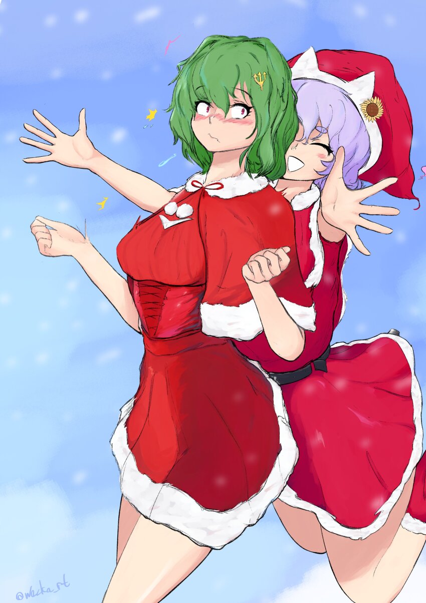 2girls absurdres alternate_costume blush capelet closed_eyes commentary commission dress english_commentary flower fur_trim green_hair hair_flower hair_ornament highres kazami_yuuka lapel_pin letty_whiterock multiple_girls red_capelet red_dress red_footwear red_headwear santa_costume short_hair short_sleeves sunflower sunflower_hair_ornament touhou twitter_username wackapuff