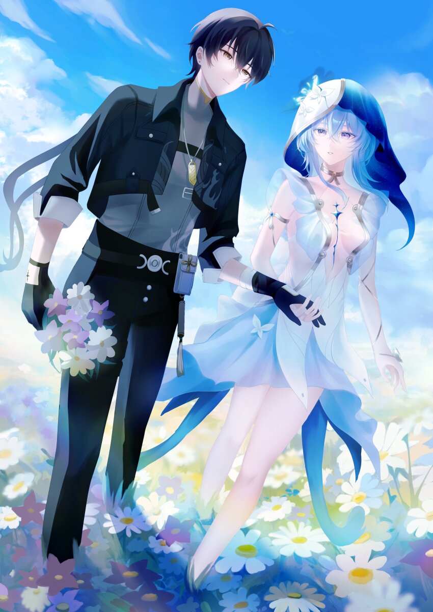 1boy 1girl absurdres armlet black_gloves black_hair black_jacket black_pants blue_hair blue_sky blue_veil bouquet breasts closed_mouth colored_eyelashes commentary_request day dress field flower flower_field gloves grey_shirt hair_between_eyes highres holding holding_bouquet jacket jewelry long_hair looking_at_another male_rover_(wuthering_waves) medium_breasts outdoors pants parted_lips purple_eyes rover_(wuthering_waves) shirt shorekeeper_(wuthering_waves) sky smile two-tone_veil veil white_dress white_veil wuthering_waves yellow_eyes yun_(yun_4_11)