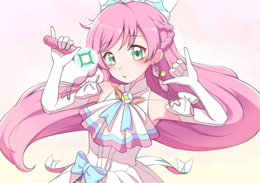 1girl absurdres bow braid collarbone cure_prism dress earrings elbow_gloves flat_chest floating_hair glove_bow gloves gradient_background green_eyes hair_bow half_up_braid halterneck hands_up highres hirogaru_sky!_precure holding holding_wand jewelry long_hair looking_at_viewer magical_girl mooramango nijigaoka_mashiro parted_lips pink_hair precure short_braid solo twin_braids upper_body very_long_hair wand white_bow white_dress white_gloves