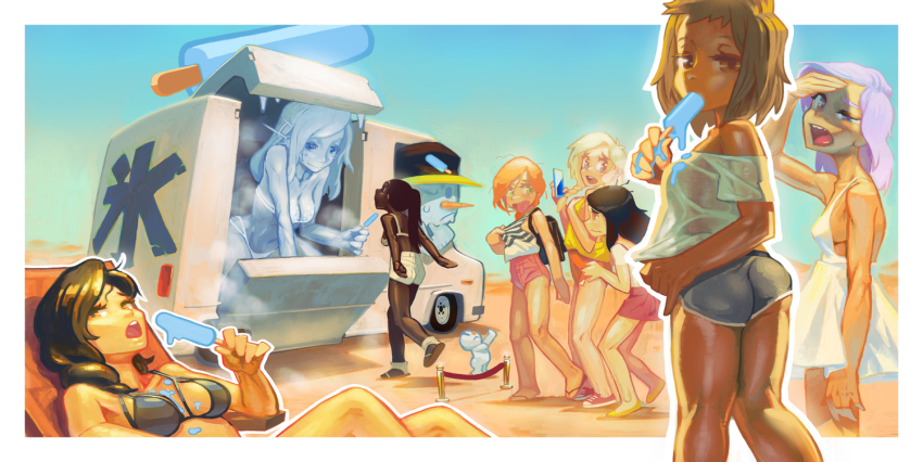 6+girls beach bikini blue_hair brown_hair crowd dark-skinned_female dark_skin deck_chair dolphin_shorts elemental_(creature) flip-flops food ice knees_up looking_at_viewer lying multiple_girls niwindustries on_back original ponytail popsicle sand sandals shirt shoes short_hair shorts sky sneakers snowman summer sweat swimsuit t-shirt