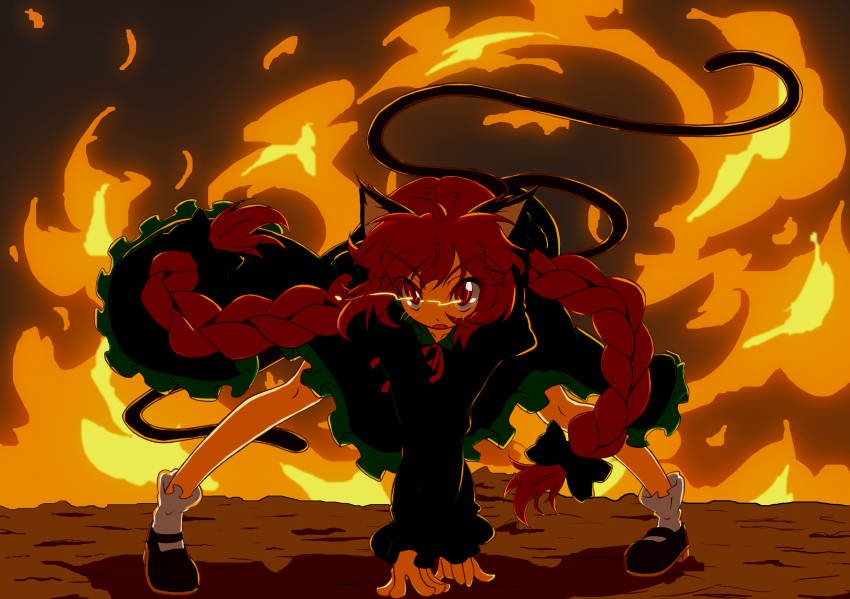 1girl all_fours animal_ears blush bow braid cat_ears cat_girl cat_tail explosion fang female_focus fire glowing hair_bow highres kaenbyou_rin long_hair madare-rin madare_rin multiple_tails open_mouth red_eyes red_hair solo squatting tail touhou twin_braids twintails