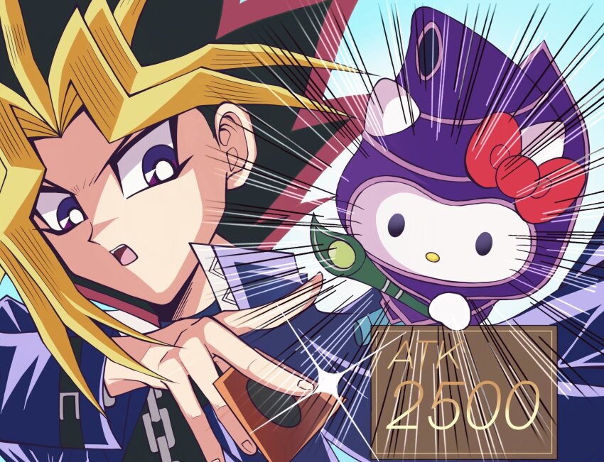 1boy 1girl black_eyes black_hair blonde_hair bow bright_pupils card cat chain cosplay crossover dark_magician dark_magician_(cosplay) ghost_ygo hat health_bar hello_kitty hello_kitty_(character) highres holding jacket multicolored_hair open_mouth purple_eyes red_hair sanrio staff whiskers white_pupils yami_yugi yu-gi-oh! yu-gi-oh!_duel_monsters