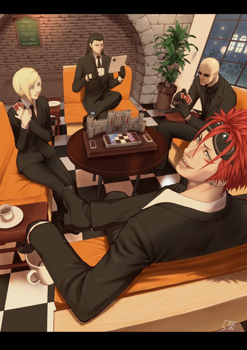 1girl 3boys 5tatsu bald black_border black_footwear black_gloves black_hair black_jacket black_necktie black_pants black_shirt black_suit blonde_hair border breasts card castle chair checkered_floor collared_shirt crossed_legs cup dress_shoes earrings elena_(ff7) facial_hair facial_mark final_fantasy final_fantasy_vii final_fantasy_vii_rebirth final_fantasy_vii_remake fingerless_gloves formal gloves goatee goggles goggles_on_head hair_over_shoulder hair_pulled_back highres holding holding_card holding_cup indoors jacket jewelry letterboxed long_hair looking_at_another looking_at_viewer medium_breasts multiple_boys necktie open_mouth pants parted_lips plant playing_card potted_plant queen&#039;s_blood red_hair reno_(ff7) rude_(ff7) saucer shirt short_hair sidelocks single_earring sitting smile suit suit_jacket sunglasses swept_bangs table tseng white_shirt window