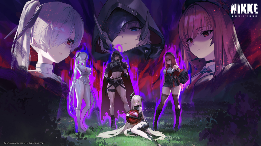 4girls beret breasts cinderella_(nikke) empty_eyes goddess_of_victory:_nikke grave_(nikke) hair_over_one_eye hat highres large_breasts leviathan_(nikke) long_hair multiple_girls necktie official_art purple_aura rapi_(nikke) rapi_(red_hood)_(nikke) red_eyes red_hair red_necktie thick_thighs thighs twintails very_long_hair white_hair