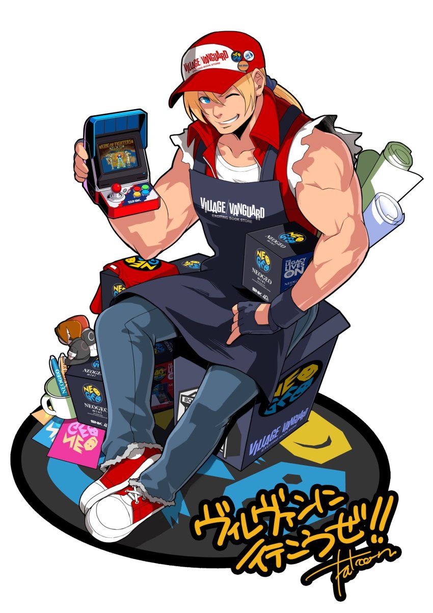 1boy arcade_cabinet baseball_cap blonde_hair blue_eyes bomber_jacket denim falcoon fatal_fury fingerless_gloves gloves hat highres jacket jeans long_hair looking_at_viewer male_focus muscular one_eye_closed pants pin ponytail smile snk solo tank_top terry_bogard the_king_of_fighters vest