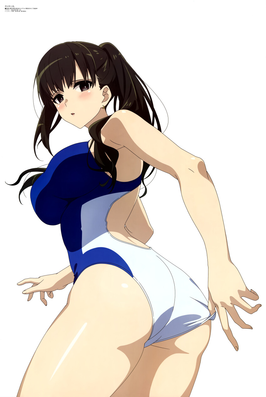 1girl absurdres adjusting_clothes adjusting_swimsuit artist_request ass black_hair blue_one-piece_swimsuit blush breasts earrings highres jewelry kimi_wa_meido-sama large_breasts long_hair looking_at_viewer magazine_scan megami_magazine official_art one-piece_swimsuit parted_lips ponytail scan shiny_skin simple_background solo swimsuit thighs two-tone_swimsuit white_background white_one-piece_swimsuit yuki_(kimi_wa_meido-sama)