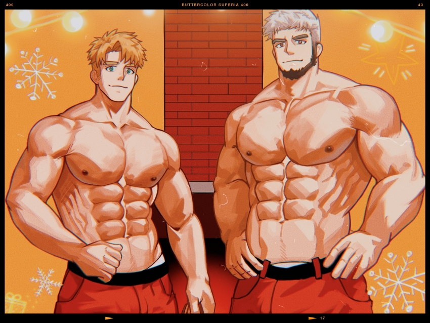 2boys abs bara bare_pectorals beard belt black_belt black_hair blonde_hair blue_eyes brown_eyes camp_buddy camp_buddy:_scoutmaster_season christmas collarbone facial_hair goro_nomoru hands_on_own_hips highres large_pectorals looking_at_viewer male_focus male_underwear male_underwear_peek mature_male multiple_boys muscular muscular_male nagira_yoshinori navel nipples pants pectorals red_pants short_hair snowflakes thick_eyebrows topless_male underwear user_gggs3572 white_hair