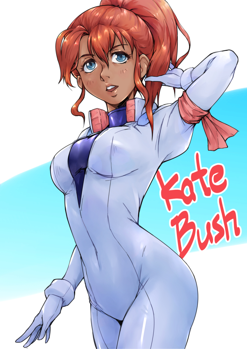 1girl blue_eyes breasts gundam highres kate_bush medium_breasts open_mouth pilot_suit ponytail red_hair saika_(pixiv43370196) short_hair shrike_team_(victory_gundam) two-tone_background undershirt unzipped victory_gundam