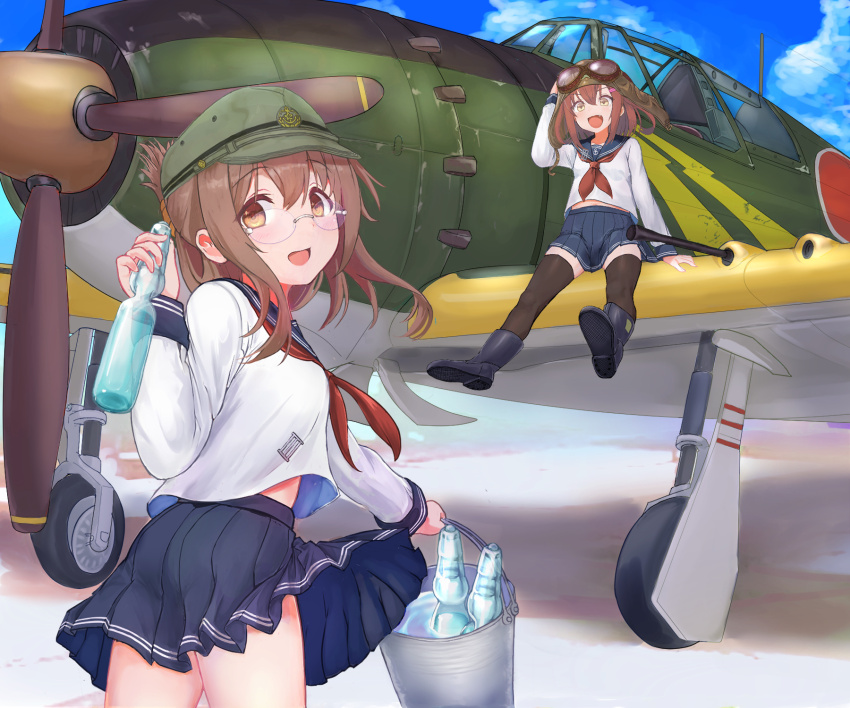 2girls :d aircraft airplane anchor_symbol aviator_cap bespectacled black_thighhighs boots bottle brown_eyes brown_hair bucket em_s folded_ponytail glasses goggles goggles_on_headwear green_hat grey_footwear hair_between_eyes hair_ornament hairclip hat highres holding holding_bottle holding_bucket ikazuchi_(kancolle) inazuma_(kancolle) j2m_raiden kantai_collection long_hair long_sleeves looking_at_viewer military_hat multiple_girls name_connection neckerchief open_mouth pleated_skirt ramune red_neckerchief rimless_eyewear rubber_boots school_uniform serafuku short_hair skirt smile thighhighs