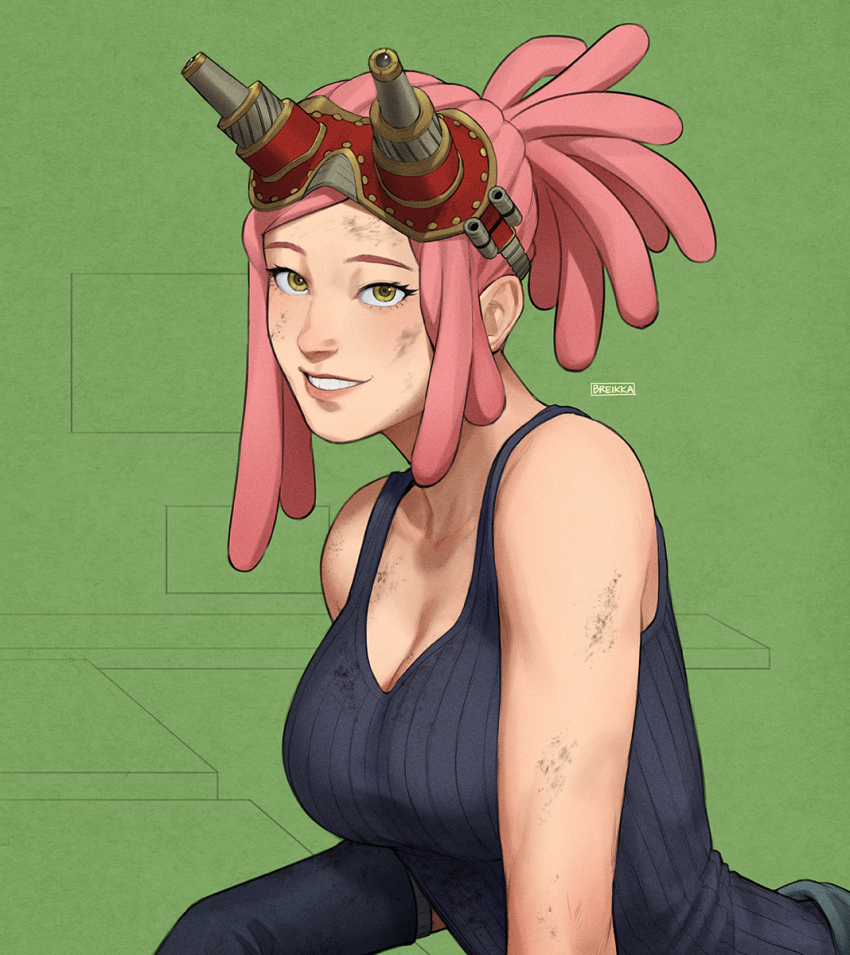 1girl artist_name bare_shoulders black_gloves black_tank_top boku_no_hero_academia breikka gloves goggles goggles_on_head grease_(mechanical) green_background hatsume_mei highres medium_hair pink_hair smile solo tank_top teeth yellow_eyes