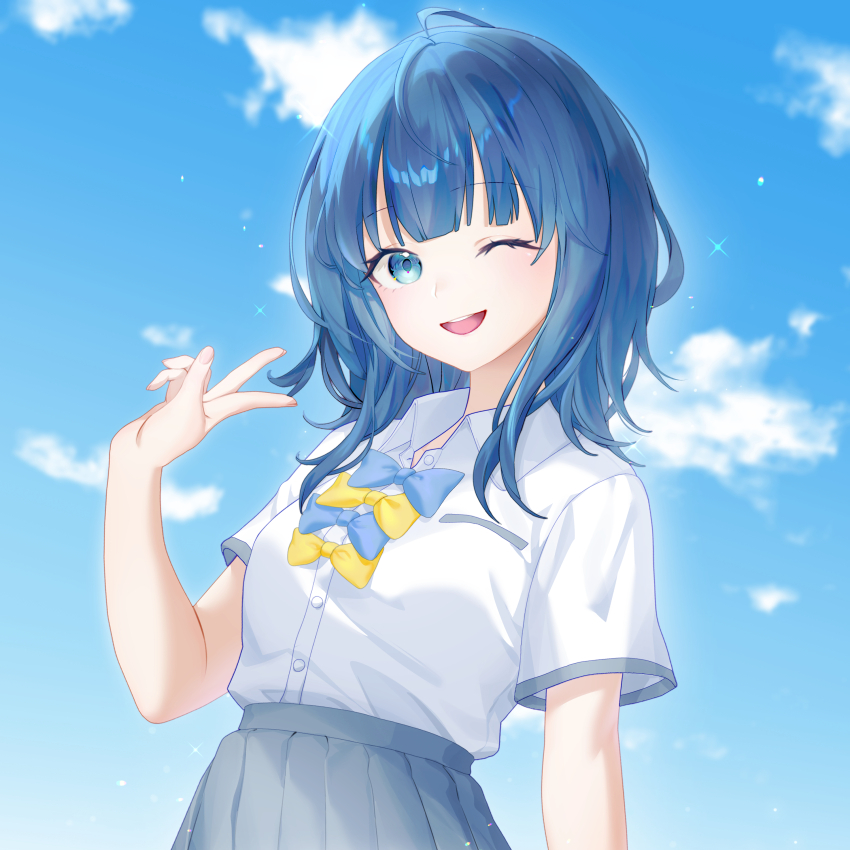 1girl absurdres aesice blue_eyes blue_hair bow bowtie commentary_request day highres long_hair looking_at_viewer make_heroine_ga_oo_sugiru! one_eye_closed open_mouth pleated_skirt shirt_tucked_in short_sleeves skirt sky smile solo v yanami_anna