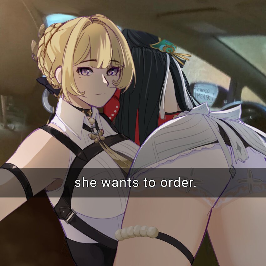 2girls ass ass_focus astra_yao beads blonde_hair car_interior car_seat ch0comeat english_text evelyn_chevalier he_wants_to_order_(meme) highres meme multiple_girls purple_eyes selfie side-view_mirror steering_wheel vehicle_interior yuri zenless_zone_zero