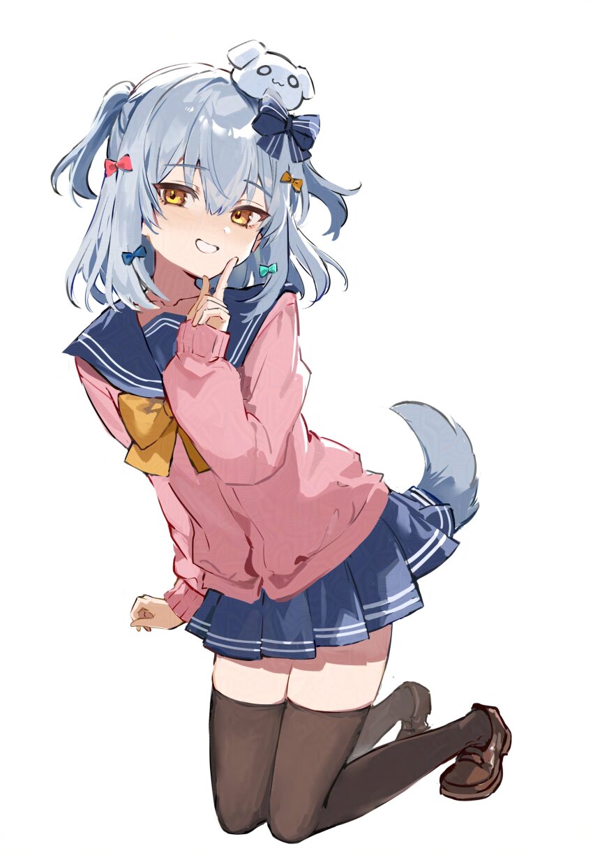 1boy absurdres black_thighhighs blue_bow blue_hair blue_skirt blush bow bowtie brown_footwear cardigan crossdressing dog_tail full_body grin hair_between_eyes hair_bow hair_ornament hand_on_own_cheek hand_on_own_face hand_up head_tilt highres index_finger_raised inuyama_tamaki karasu_btk kneeling leaning_forward long_sleeves looking_at_viewer male_focus medium_hair miniskirt noripro pink_cardigan pleated_skirt sailor_collar school_uniform serafuku shoes simple_background skirt smile solo tail teeth thighhighs trap two_side_up virtual_youtuber white_background yellow_bow yellow_bowtie yellow_eyes zettai_ryouiki