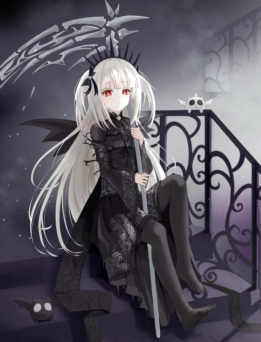 a-bao_a_qu_the_lightless_shadow absurdres bat_wings black_dress black_pantyhose black_ribbon blunt_bangs dress duel_monster highres long_hair original pantyhose pointy_ears red_eyes ribbon white_hair wings yu-gi-oh!