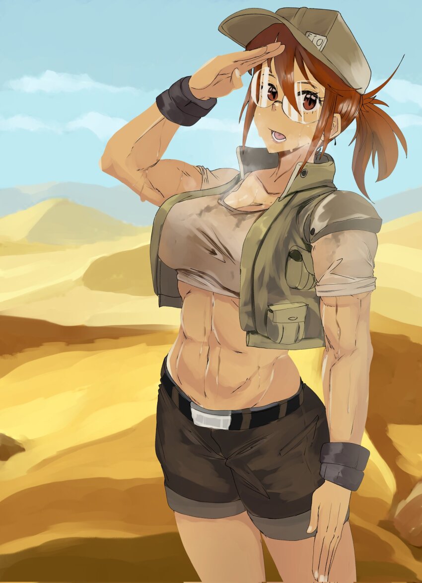 1girl abs blue_sky breasts brown_eyes brown_hair cleavage cloud commentary corrupted_twitter_file cowboy_shot crop_top desert english_commentary field_cap fingernails fio_germi glasses grey_tank_top grey_vest highres large_breasts looking_at_viewer metal_slug muscular muscular_female navel open_mouth outdoors ponytail rimless_eyewear round_eyewear salute sand_dune short_hair short_shorts shorts sky solo tank_top vest weeze white_nails wristband