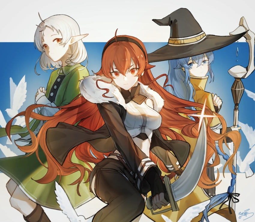 3girls bird black_hat blue_eyes blue_hair breasts brown_cloak cloak closed_mouth crop_top elf eris_greyrat from_behind fur-trimmed_jacket fur_trim green_jacket hair_between_eyes hat holding holding_staff holding_sword holding_weapon jacket large_breasts large_hat long_hair looking_at_viewer mage_staff midriff multiple_girls mushoku_tensei pigeon pointy_ears red_eyes red_hair roxy_migurdia shirt signature small_breasts staff sword sylphiette_(mushoku_tensei) very_long_hair weapon white_hair white_shirt witch_hat yisjhui